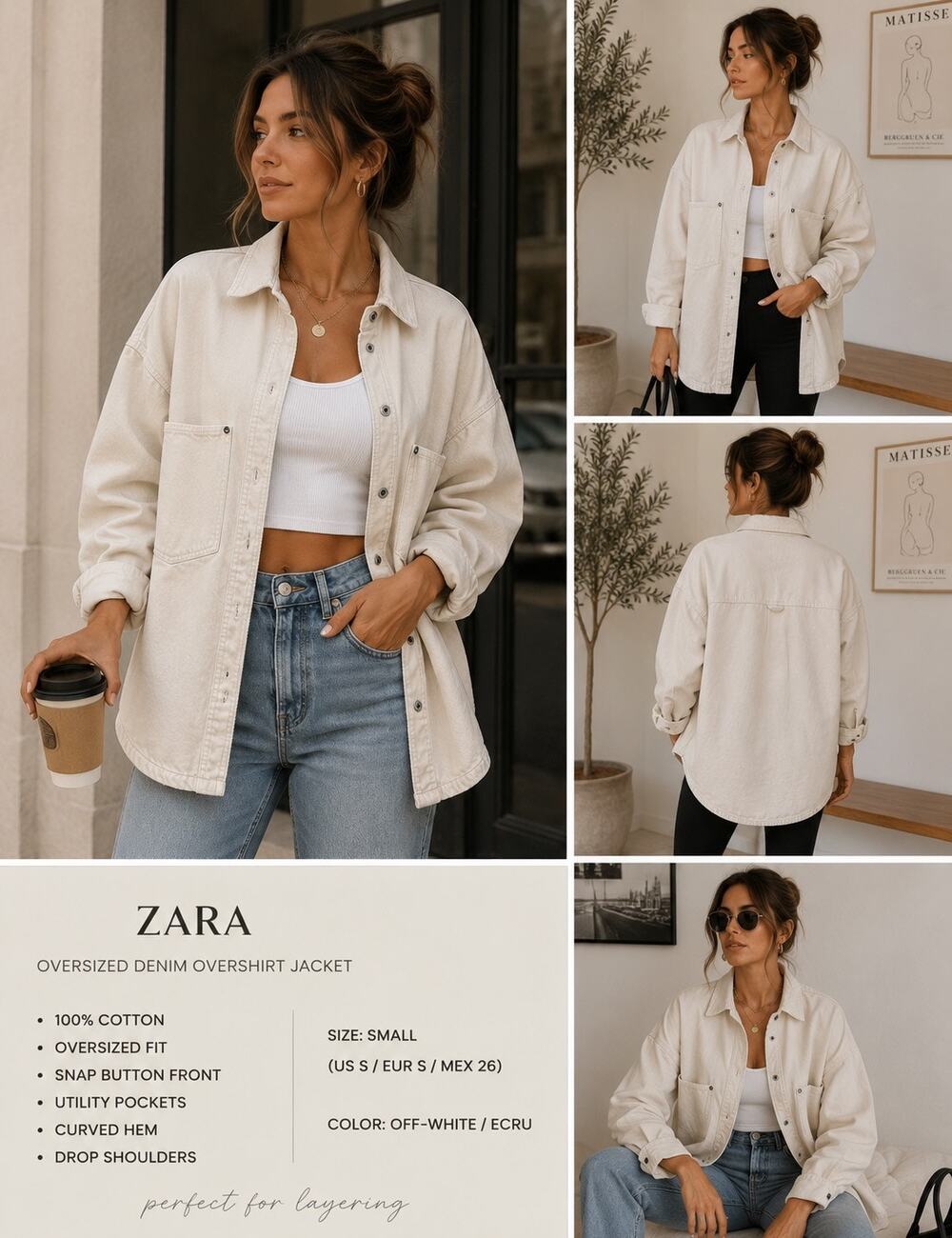 ZARA Oversized Cream Denim Overshirt Jacket S Utility Shacket Cotton Button-Up